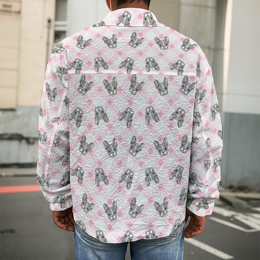 Pink Boston Terrier Plaid Print Men's Shirt Jacket