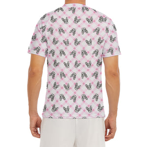 Pink Boston Terrier Plaid Print Men's Short Sleeve Rash Guard