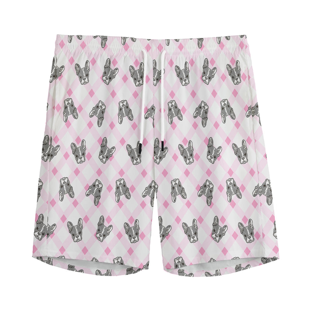 Pink Boston Terrier Plaid Print Men's Sports Shorts