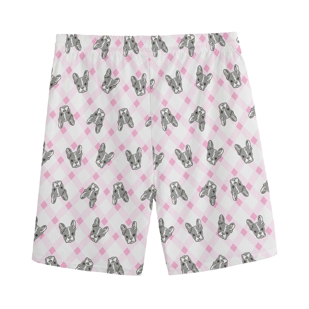 Pink Boston Terrier Plaid Print Men's Sports Shorts