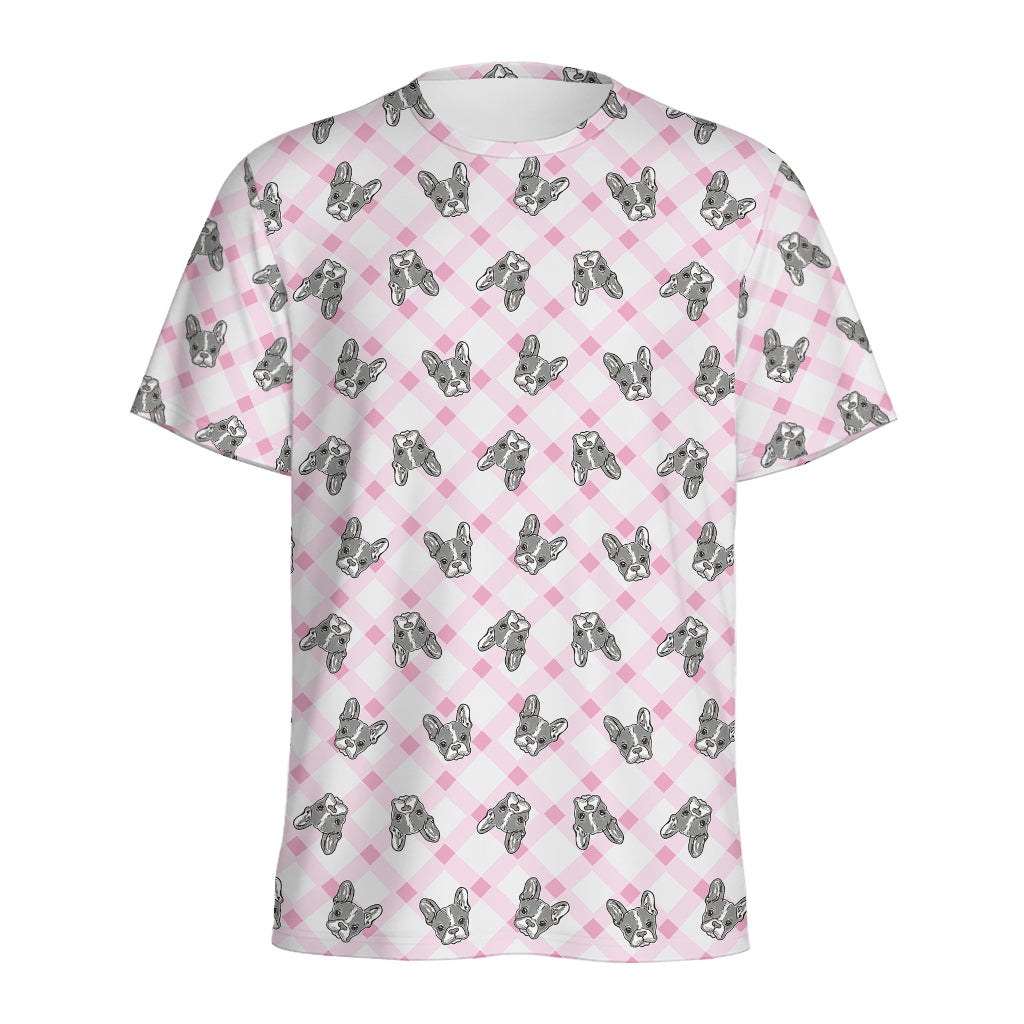 Pink Boston Terrier Plaid Print Men's Sports T-Shirt