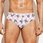 Pink Boston Terrier Plaid Print Men's Swim Briefs