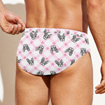 Pink Boston Terrier Plaid Print Men's Swim Briefs