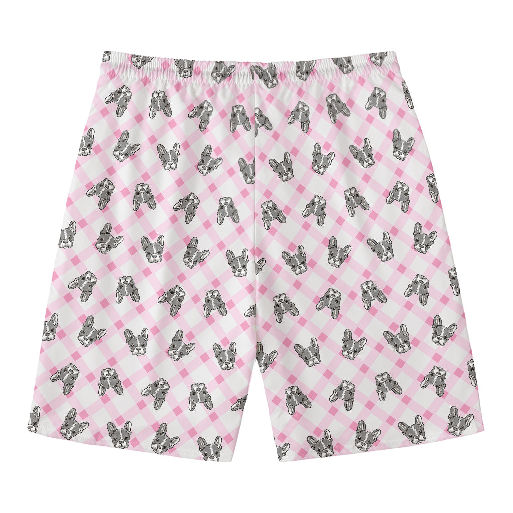 Pink Boston Terrier Plaid Print Men's Swim Trunks