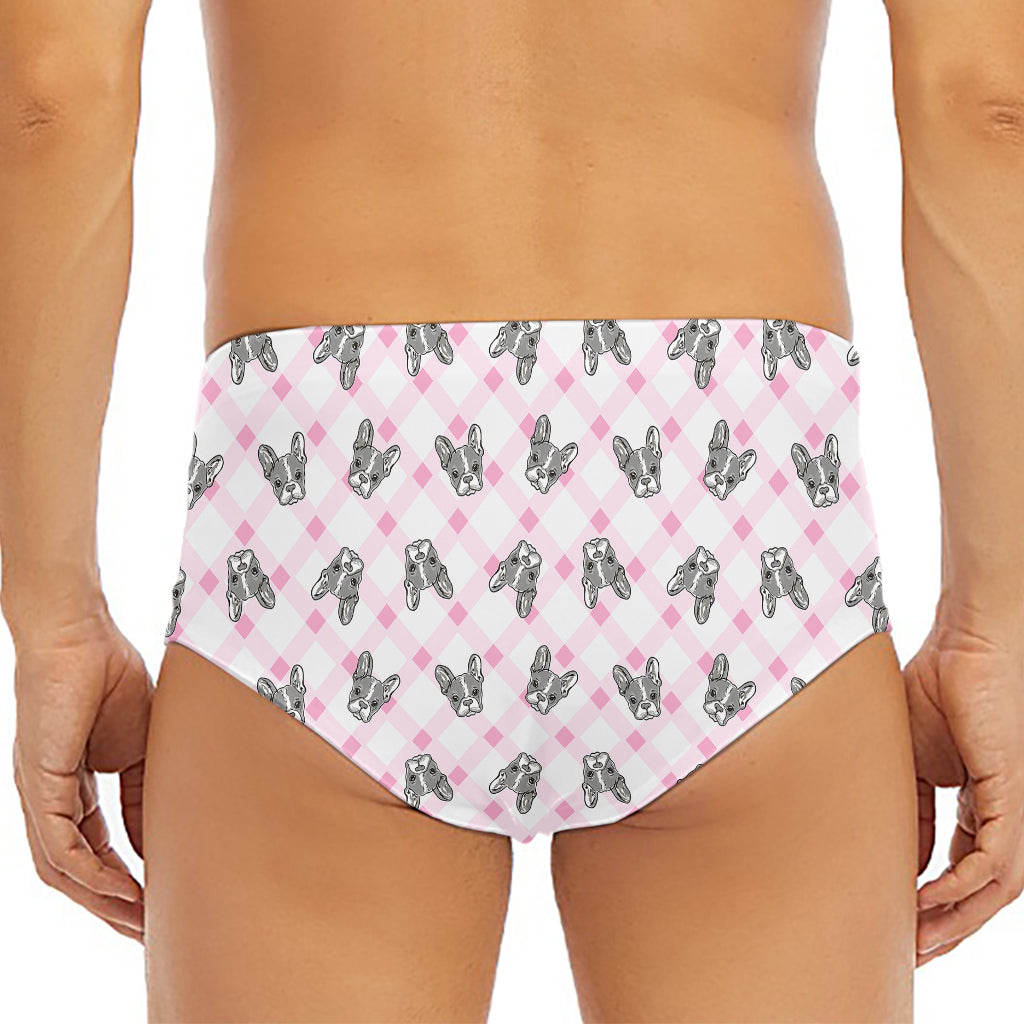 Pink Boston Terrier Plaid Print Men's Triangle Swim Briefs