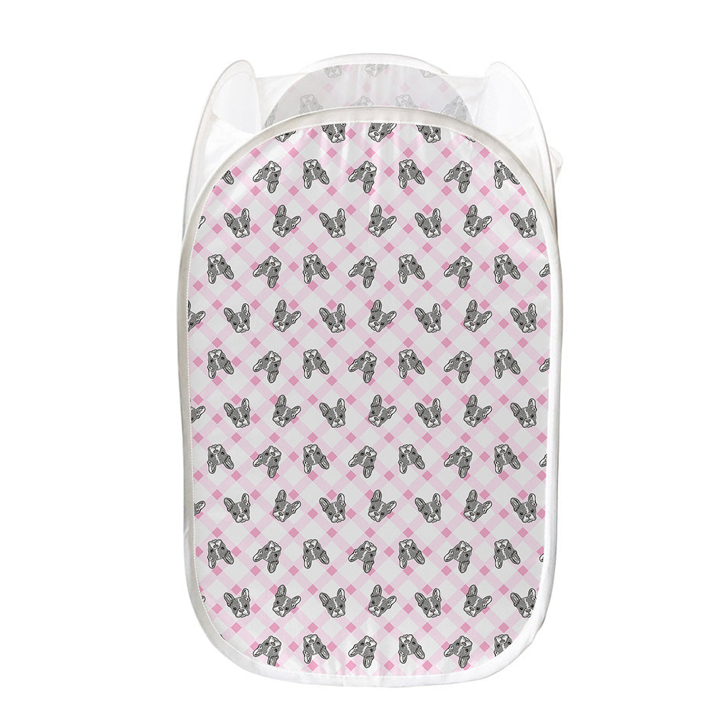 Pink Boston Terrier Plaid Print Mesh Laundry Hamper