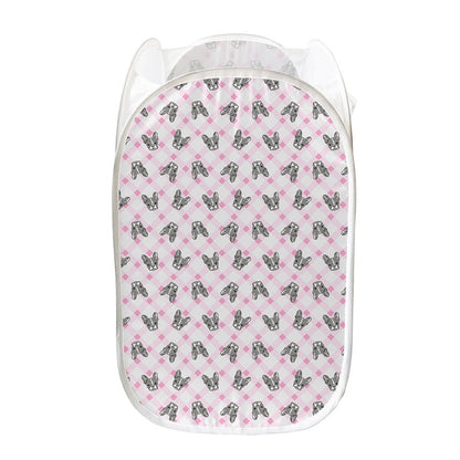 Pink Boston Terrier Plaid Print Mesh Laundry Hamper