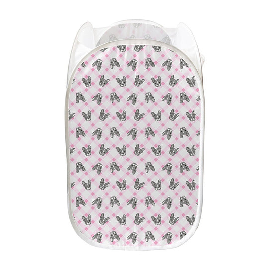 Pink Boston Terrier Plaid Print Mesh Laundry Hamper