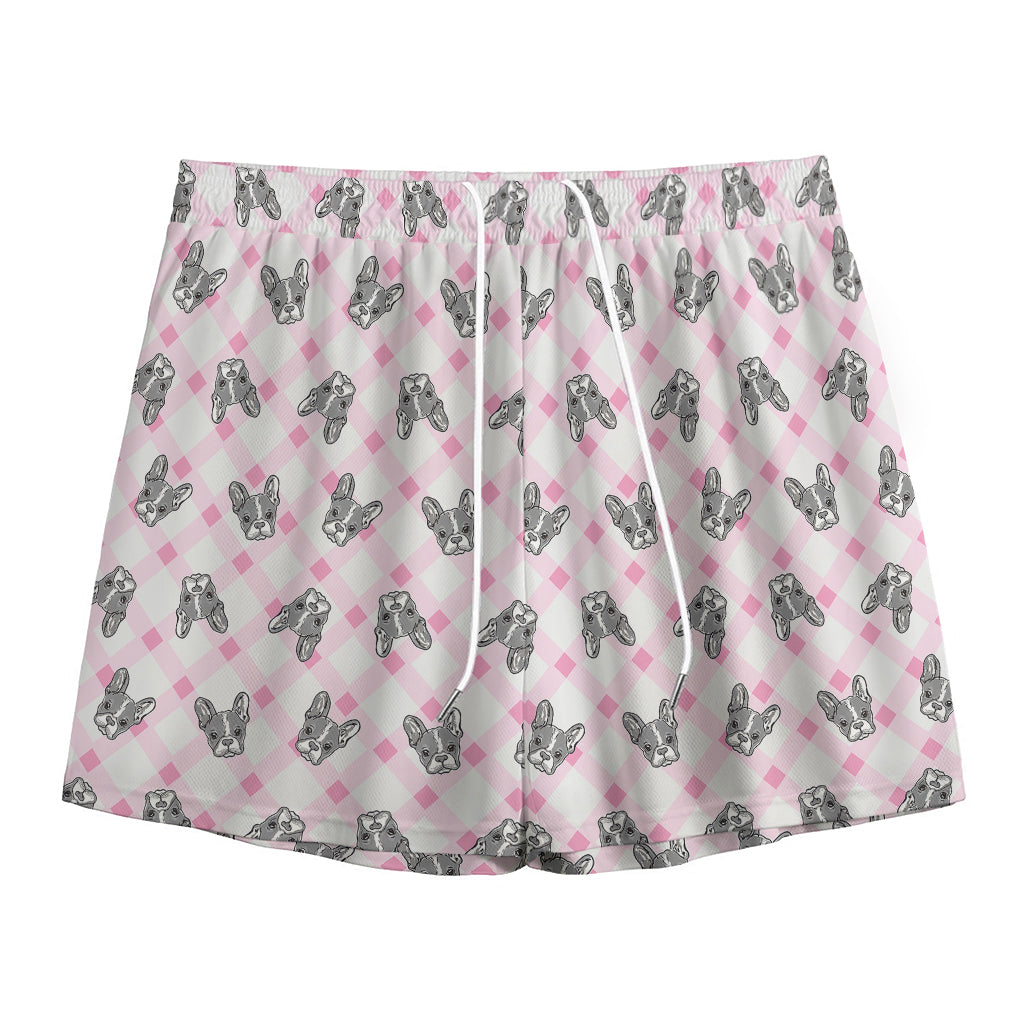 Pink Boston Terrier Plaid Print Mesh Shorts