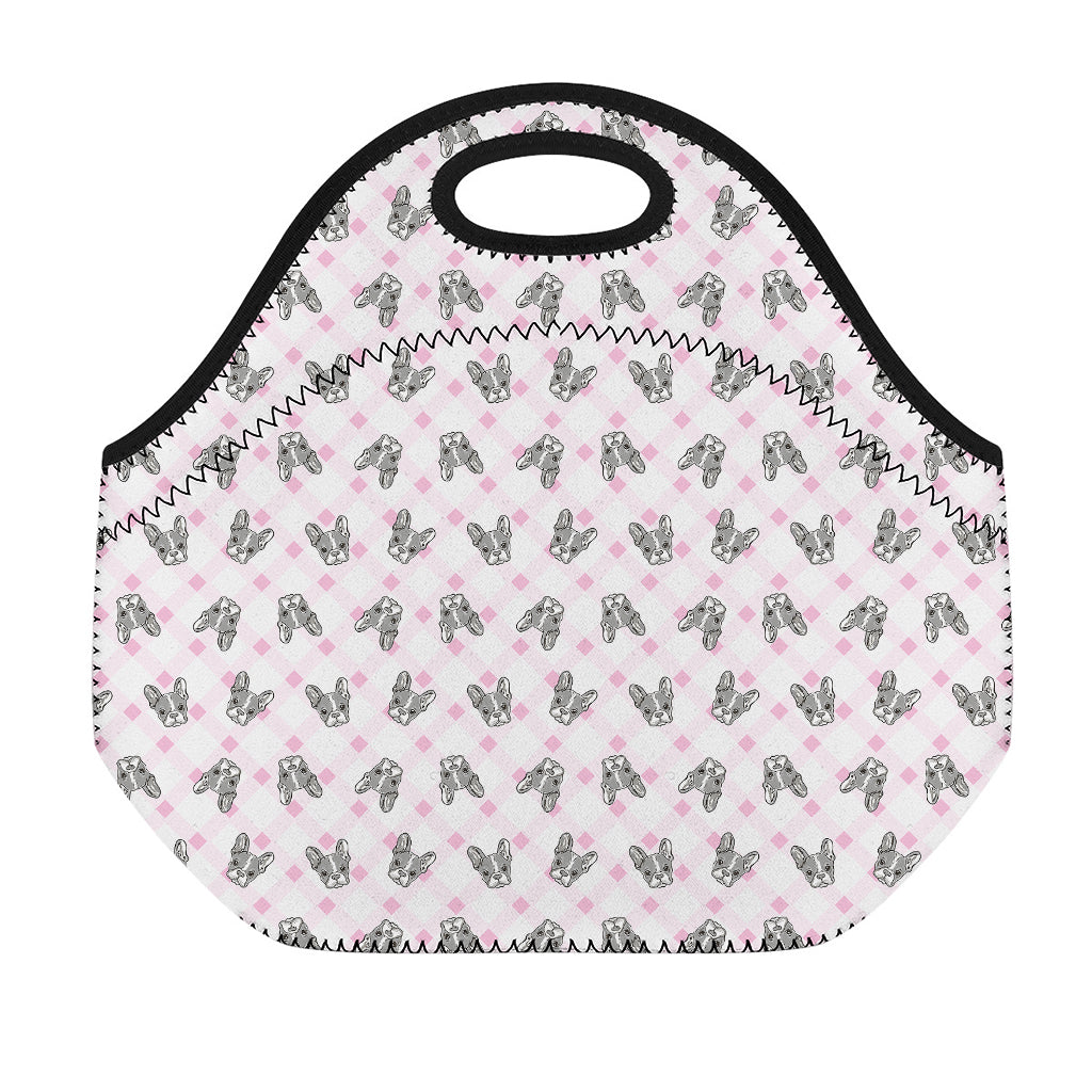 Pink Boston Terrier Plaid Print Neoprene Lunch Bag