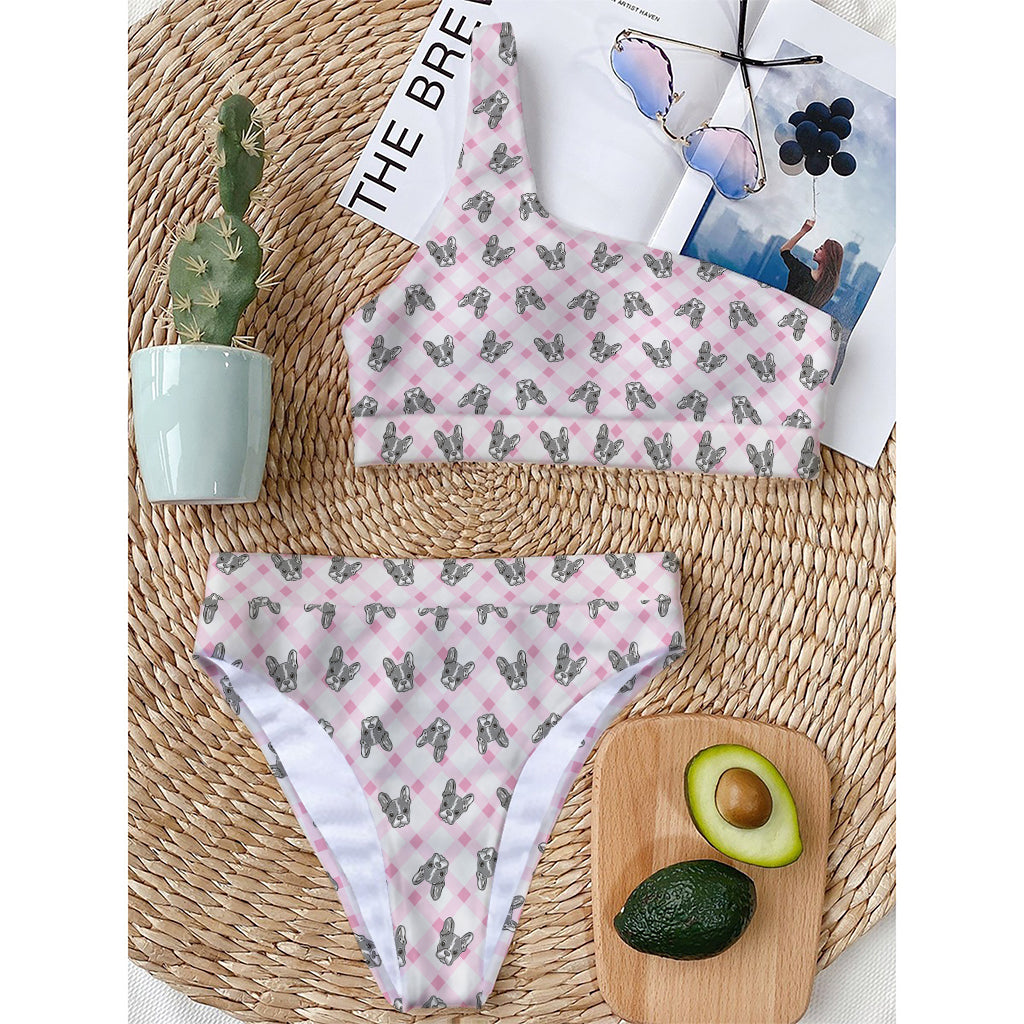 Pink Boston Terrier Plaid Print One Shoulder Bikini Top