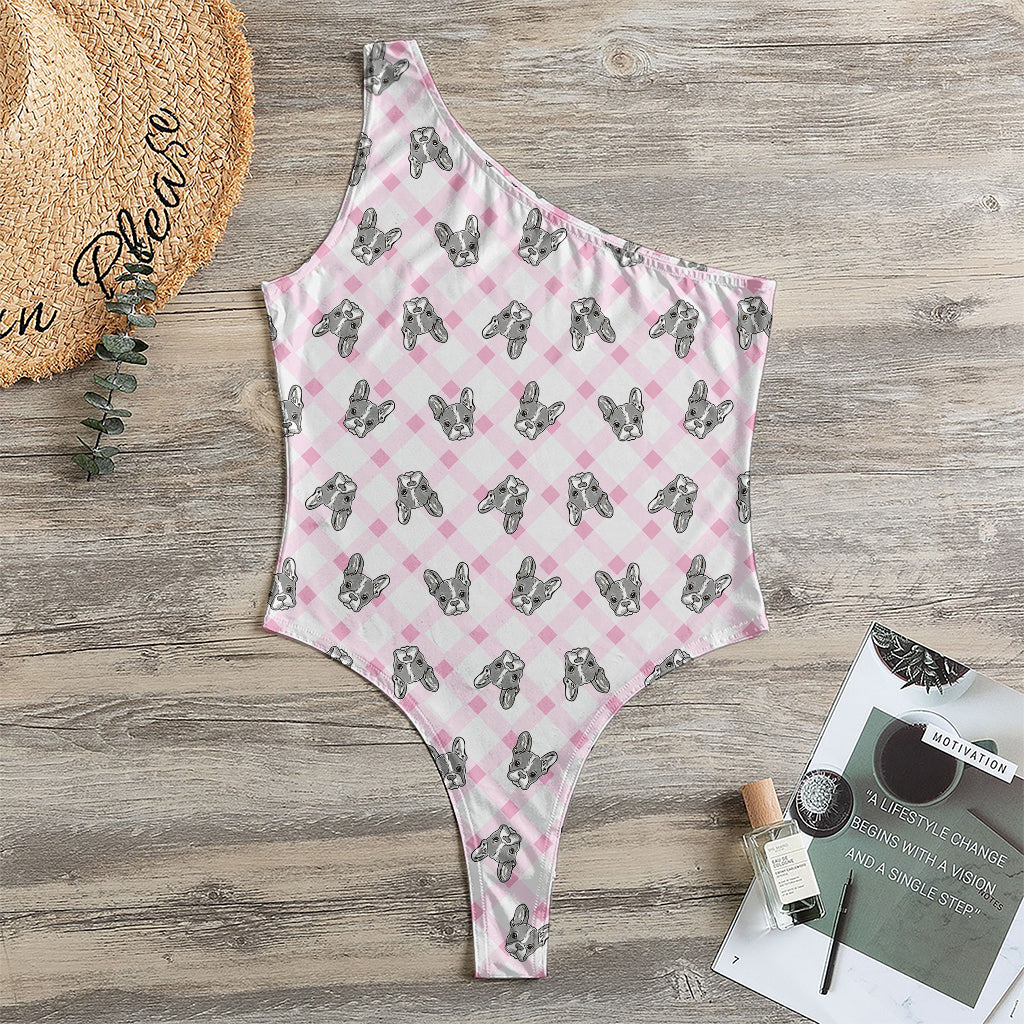 Pink Boston Terrier Plaid Print One Shoulder Bodysuit