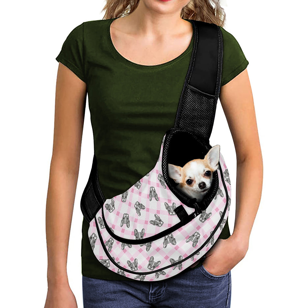Pink Boston Terrier Plaid Print Pet Sling Carrier