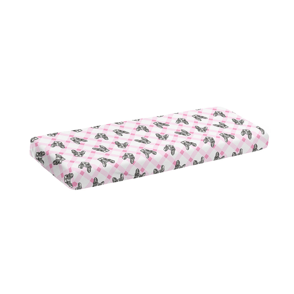 Pink Boston Terrier Plaid Print Piano Keyboard Cover