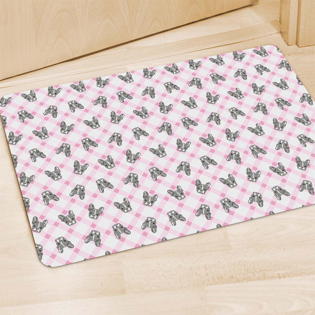 Pink Boston Terrier Plaid Print Polyester Doormat