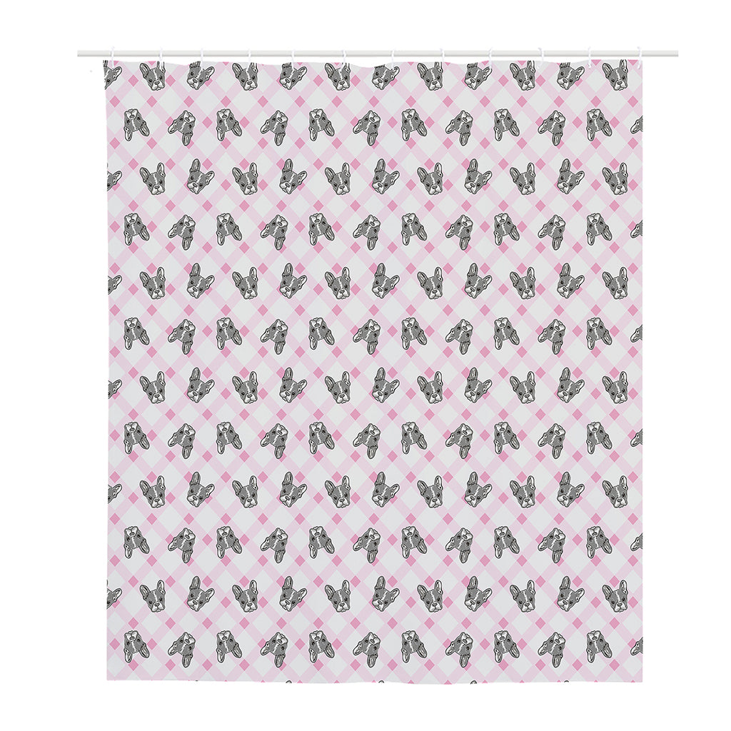 Pink Boston Terrier Plaid Print Polyester Shower Curtain