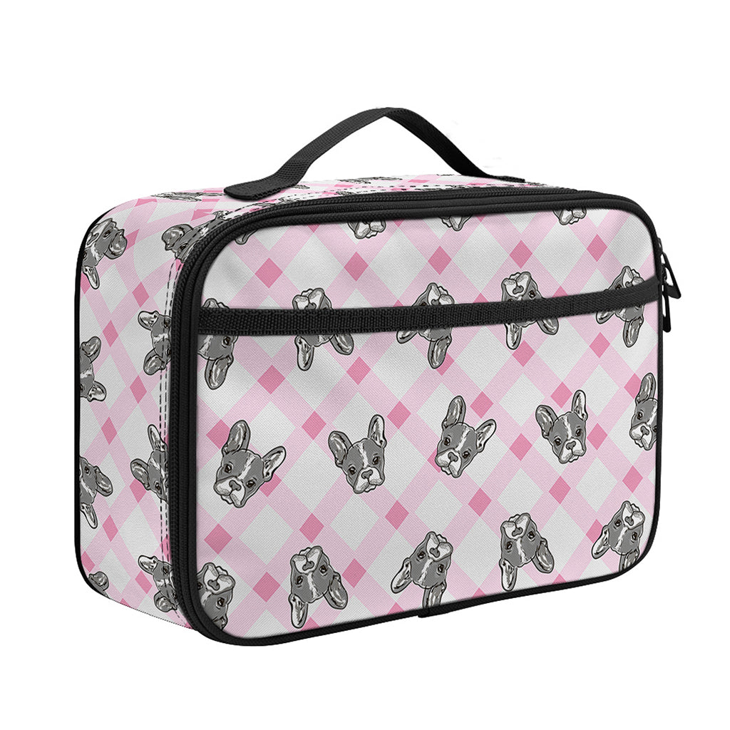 Pink Boston Terrier Plaid Print Portable Lunch Bag