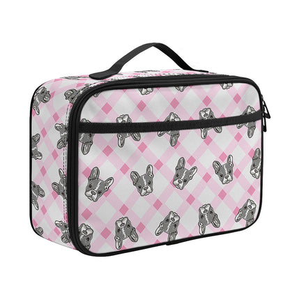 Pink Boston Terrier Plaid Print Portable Lunch Bag