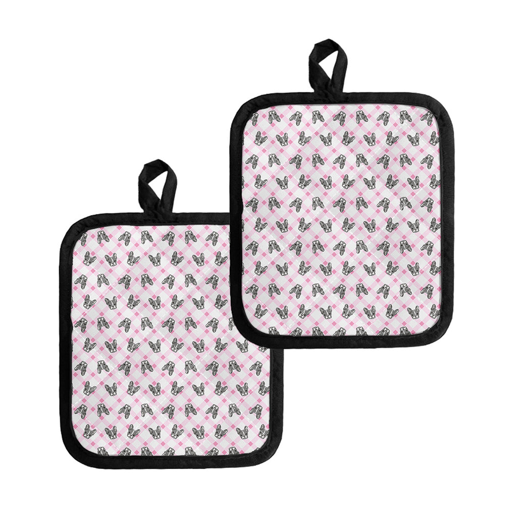 Pink Boston Terrier Plaid Print Pot Holders