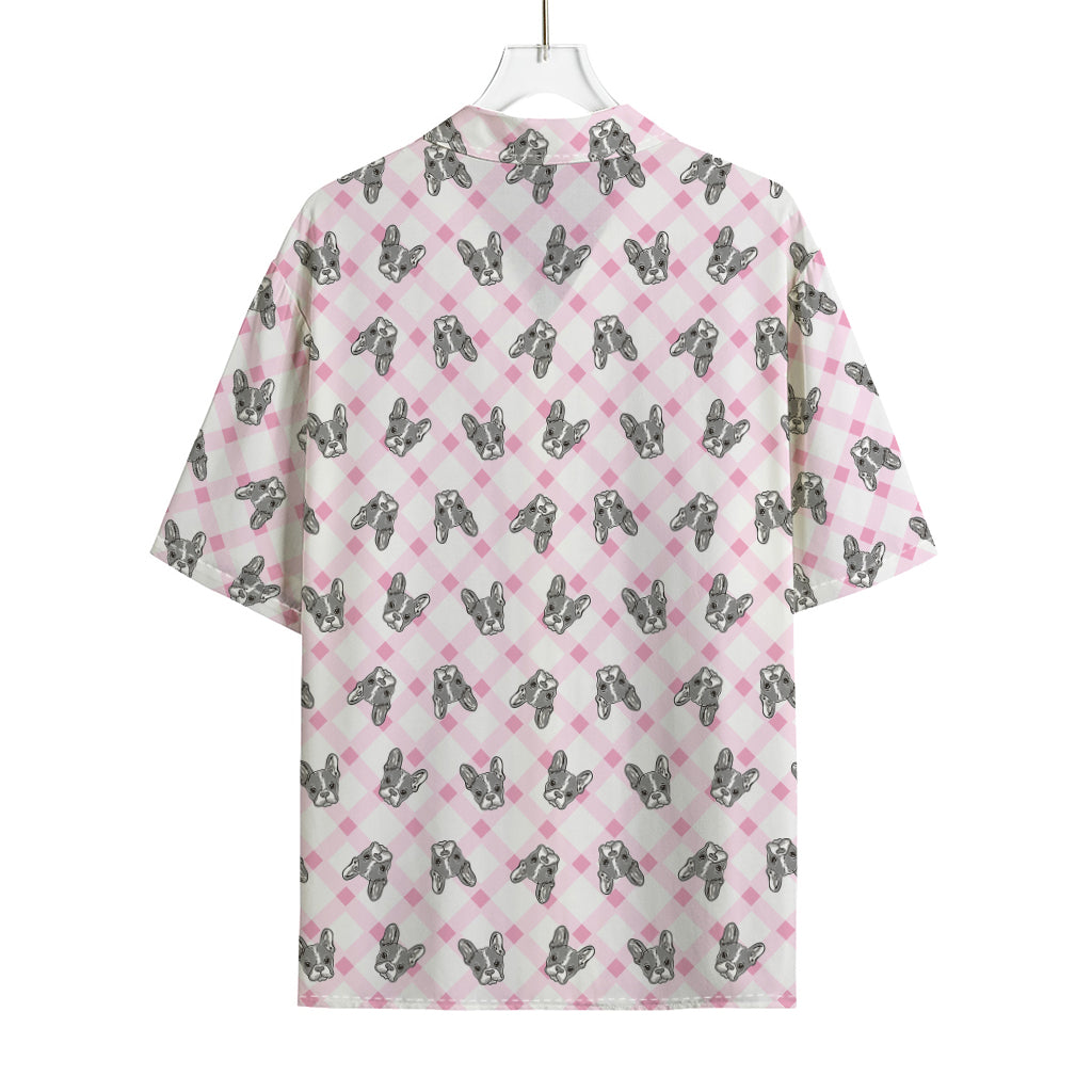 Pink Boston Terrier Plaid Print Rayon Hawaiian Shirt