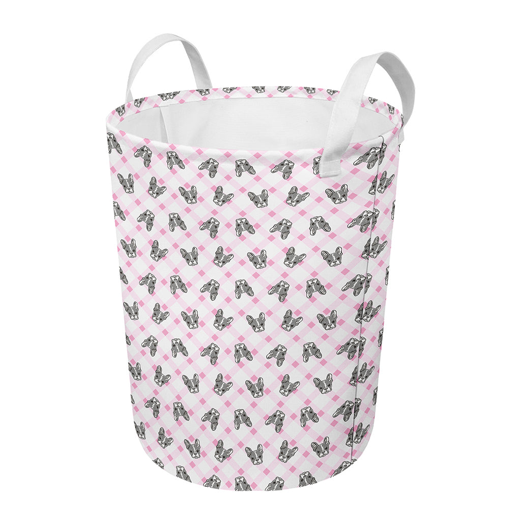 Pink Boston Terrier Plaid Print Round Laundry Basket