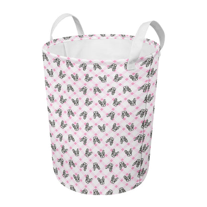 Pink Boston Terrier Plaid Print Round Laundry Basket