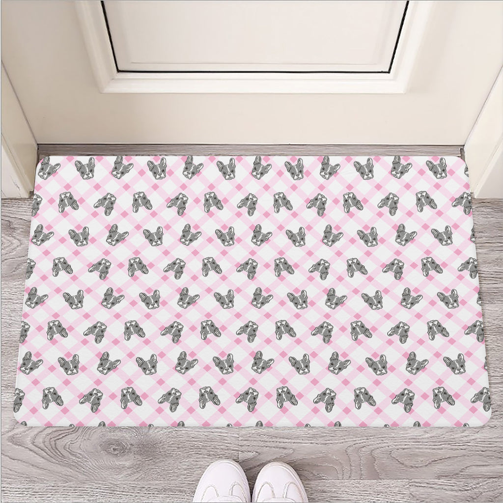 Pink Boston Terrier Plaid Print Rubber Doormat