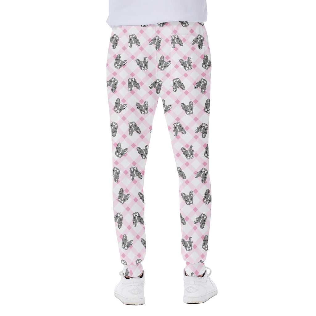 Pink Boston Terrier Plaid Print Scuba Joggers