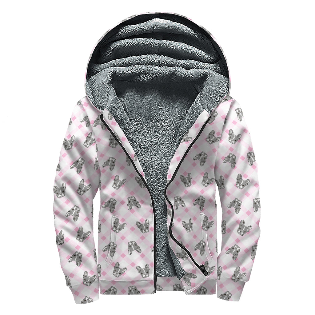 Pink Boston Terrier Plaid Print Sherpa Lined Zip Up Hoodie