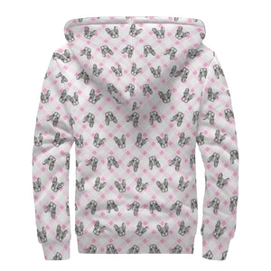 Pink Boston Terrier Plaid Print Sherpa Lined Zip Up Hoodie