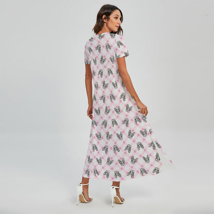 Pink Boston Terrier Plaid Print Short Sleeve Maxi Dress