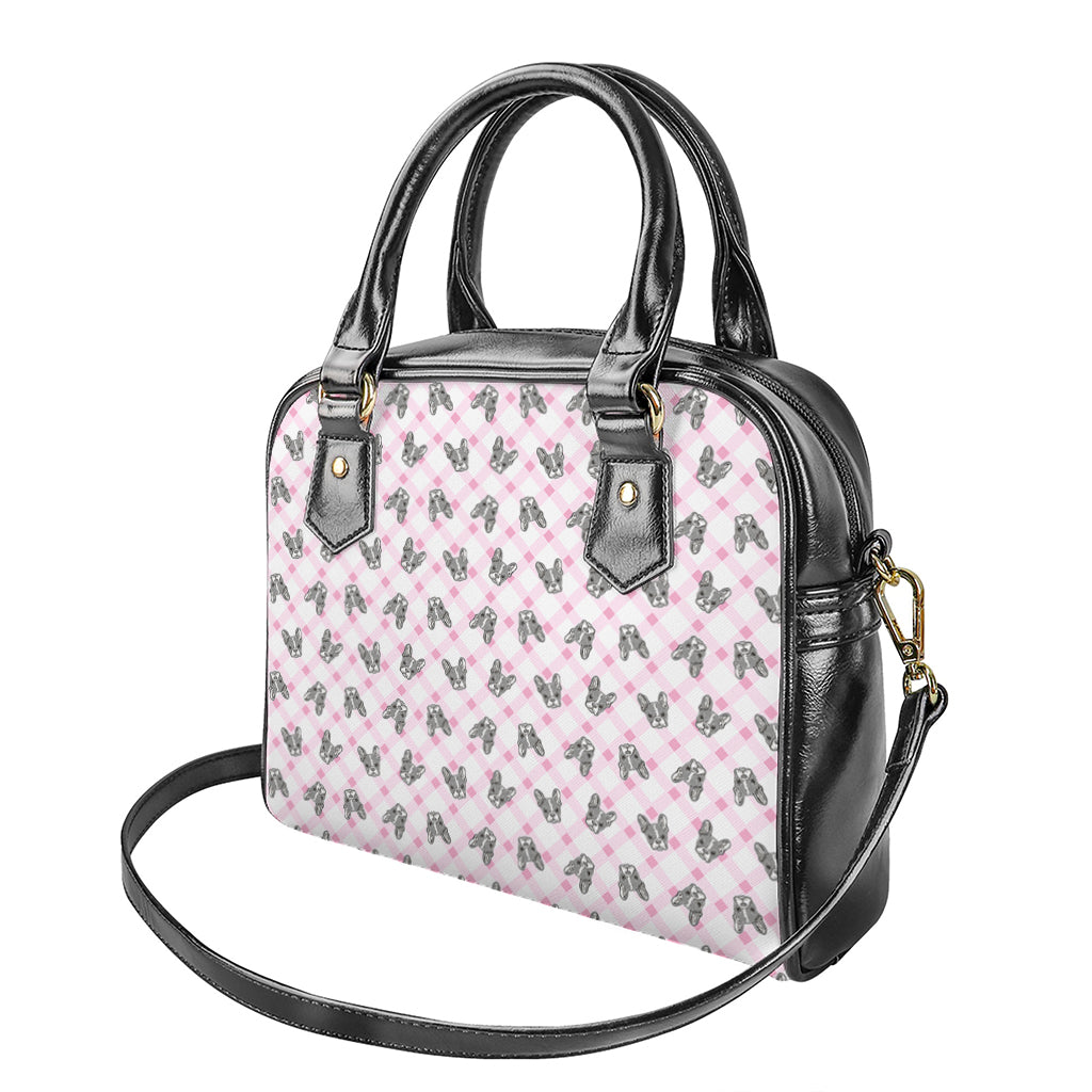 Pink Boston Terrier Plaid Print Shoulder Handbag