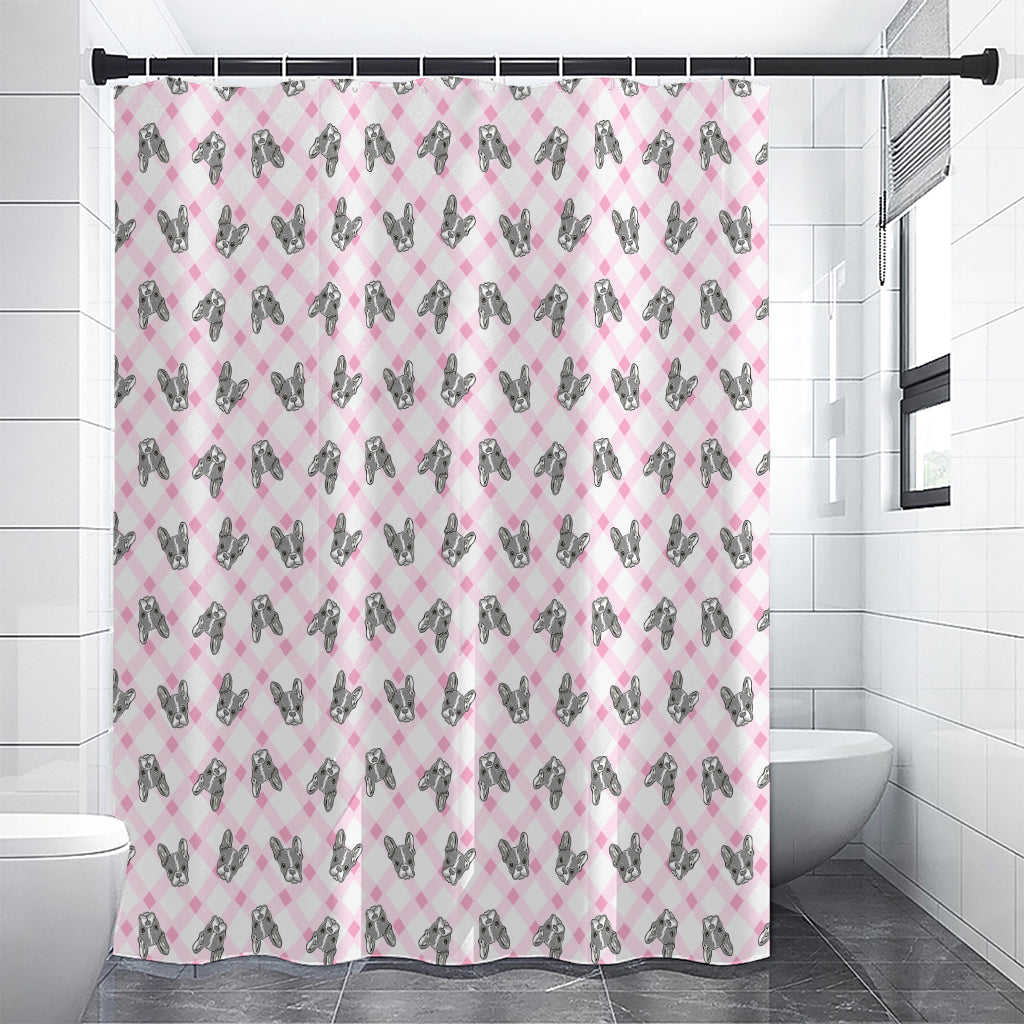 Pink Boston Terrier Plaid Print Shower Curtain