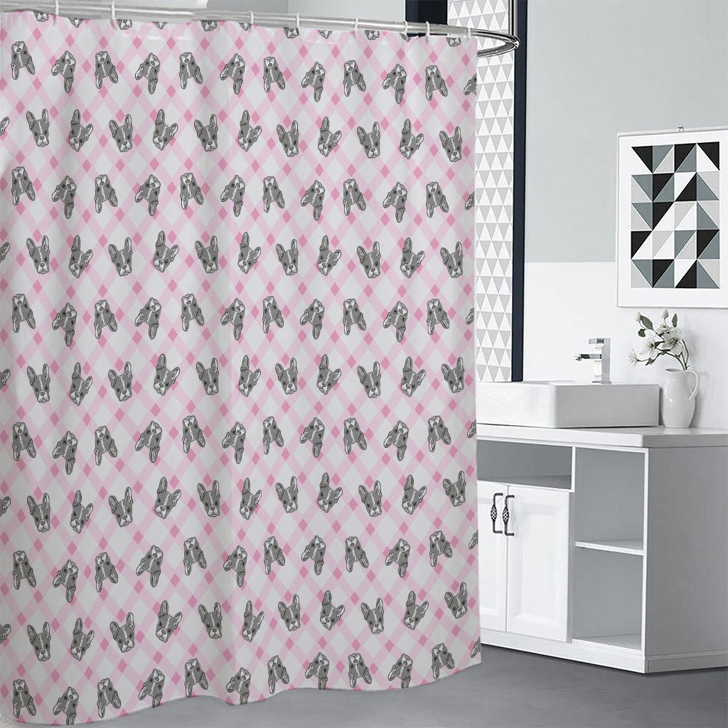 Pink Boston Terrier Plaid Print Shower Curtain