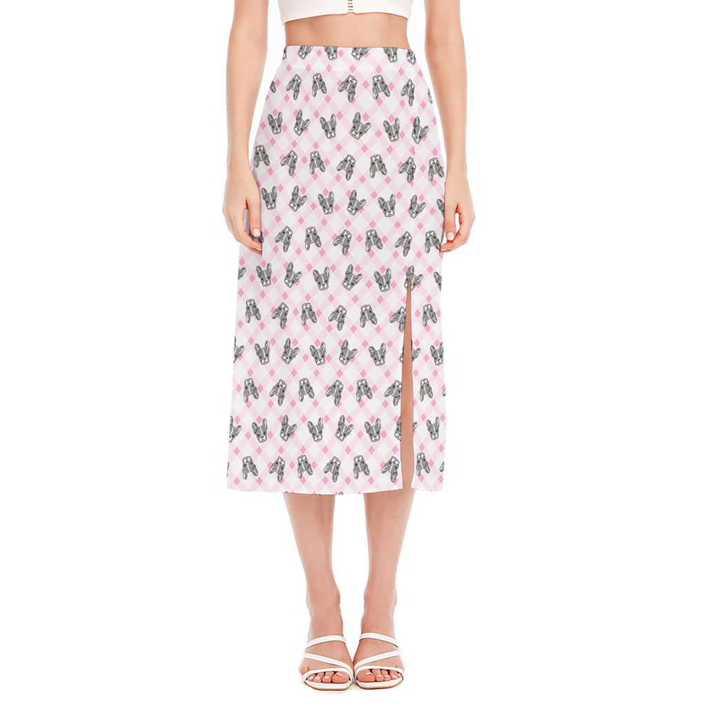 Pink Boston Terrier Plaid Print Side Slit Midi Skirt