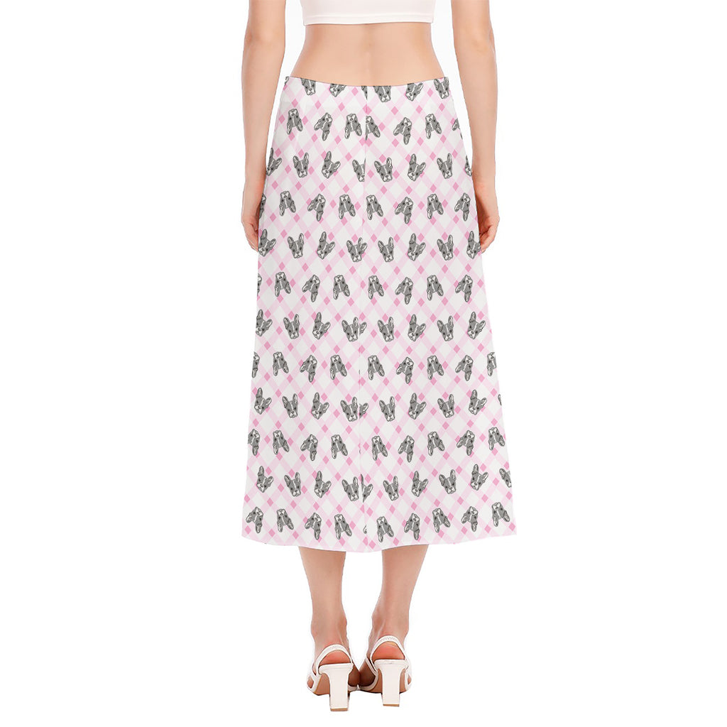 Pink Boston Terrier Plaid Print Side Slit Midi Skirt