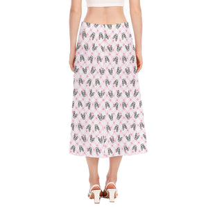 Pink Boston Terrier Plaid Print Side Slit Midi Skirt