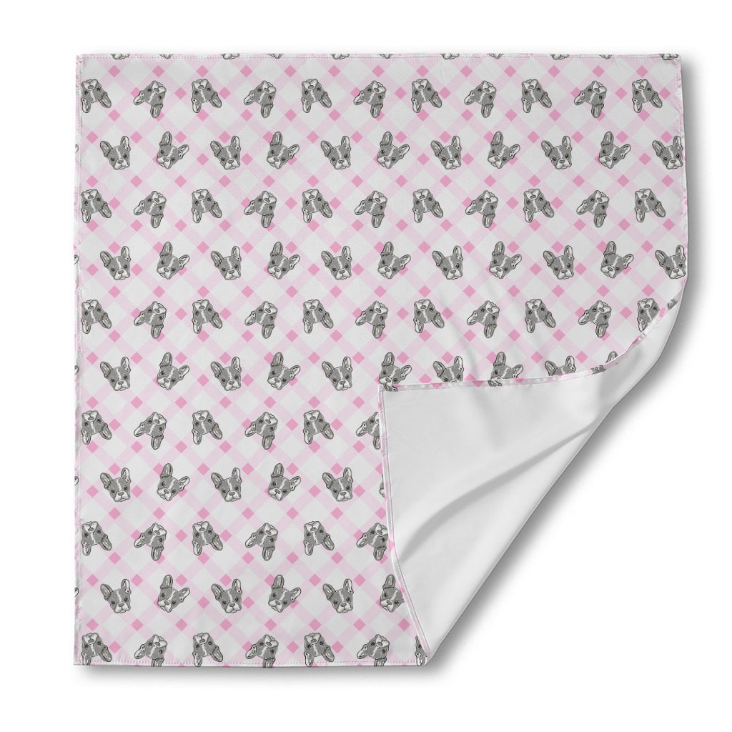 Pink Boston Terrier Plaid Print Silk Bandana