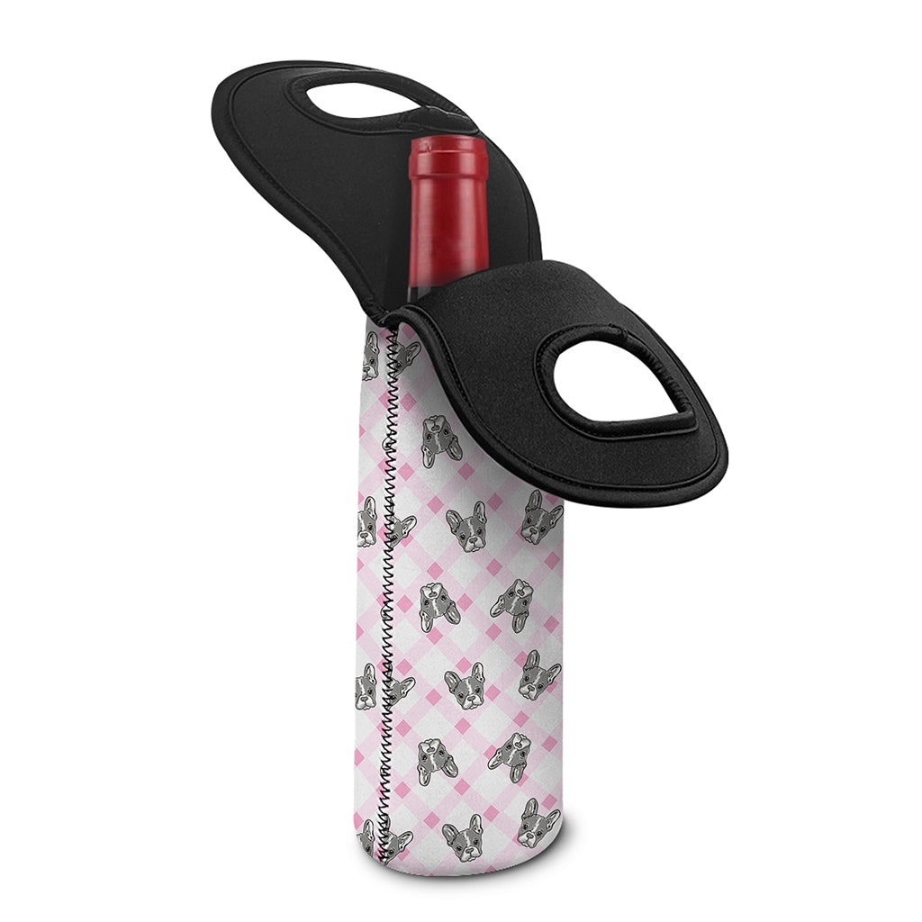Pink Boston Terrier Plaid Print Single Neoprene Wine Tote