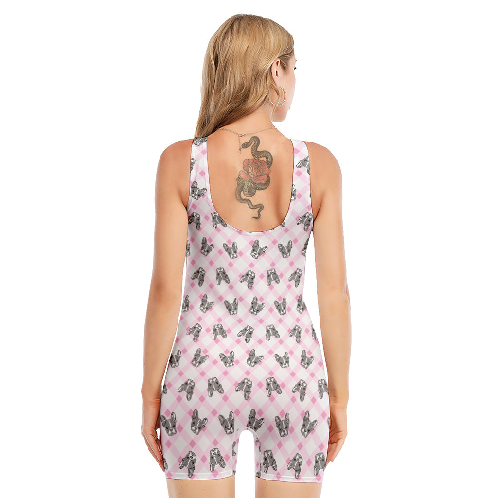 Pink Boston Terrier Plaid Print Sleeveless One Piece Swimsuit