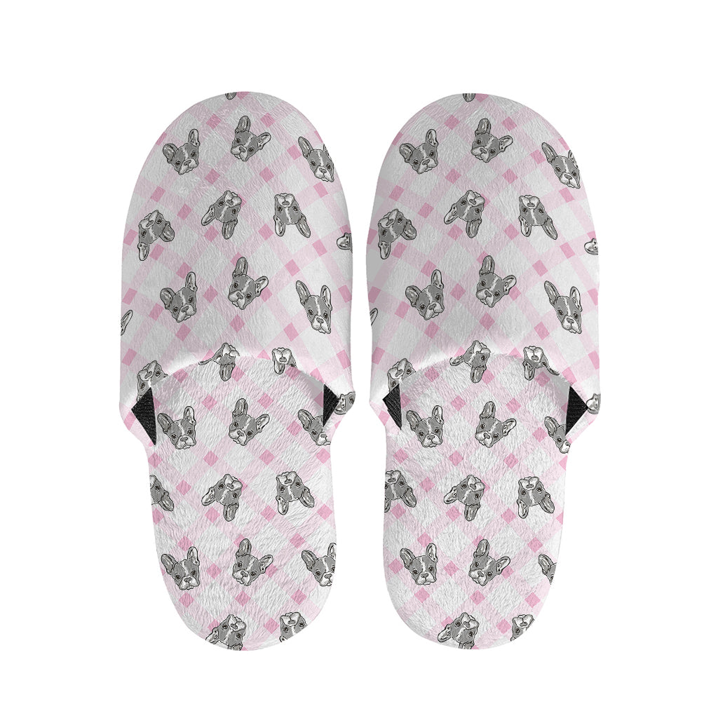 Pink Boston Terrier Plaid Print Slippers