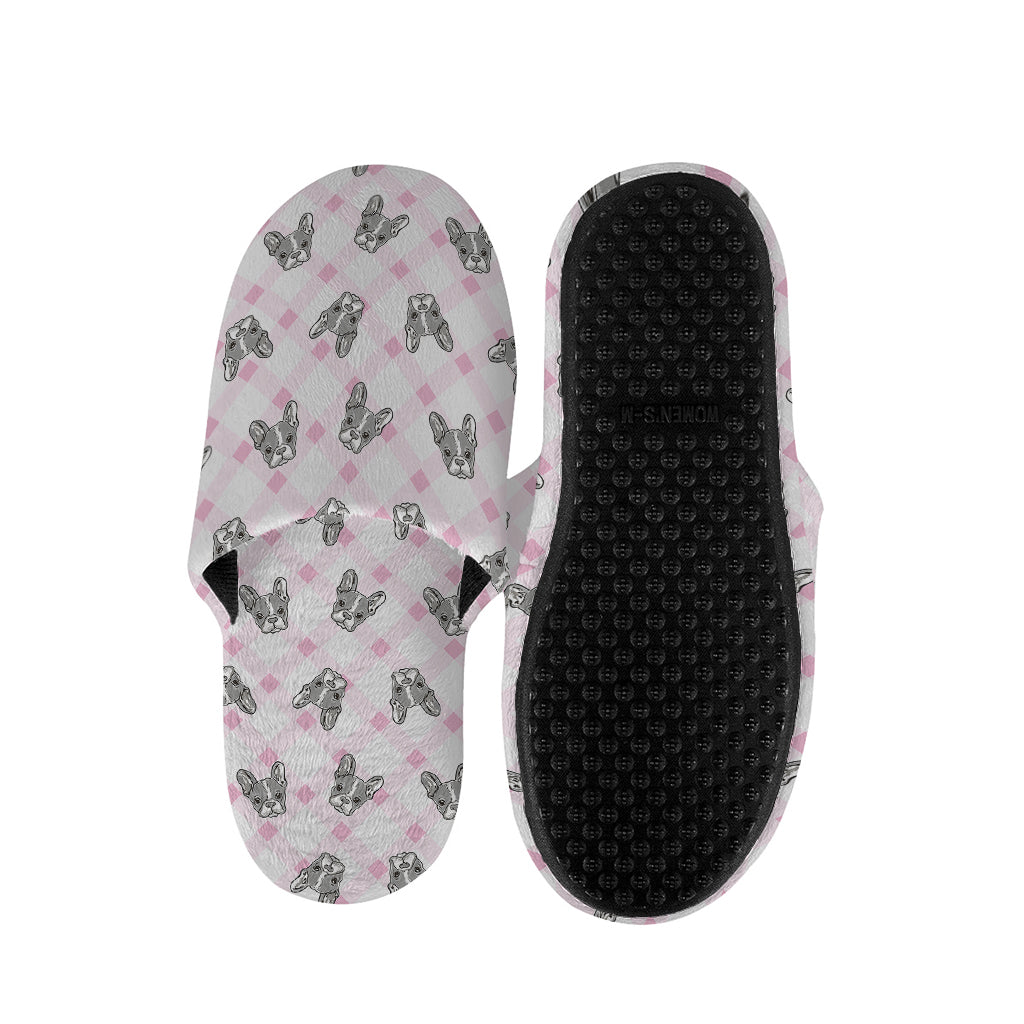 Pink Boston Terrier Plaid Print Slippers