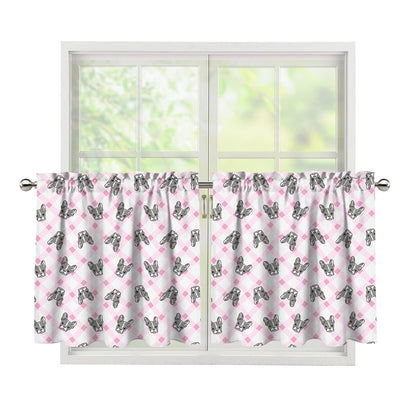 Pink Boston Terrier Plaid Print Tier Curtains