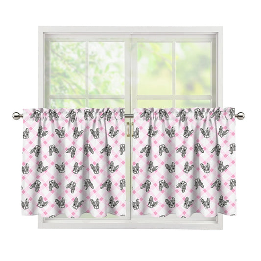 Pink Boston Terrier Plaid Print Tier Curtains