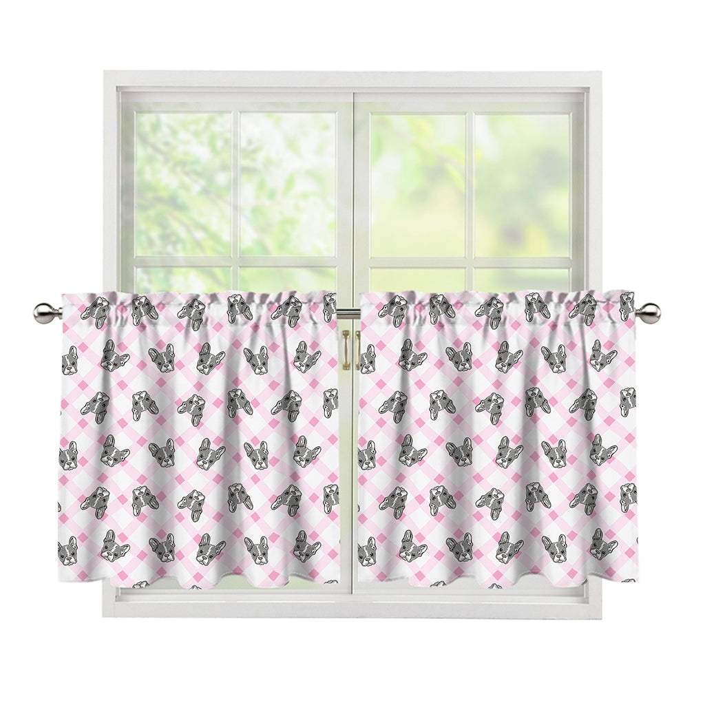 Pink Boston Terrier Plaid Print Tier Curtains