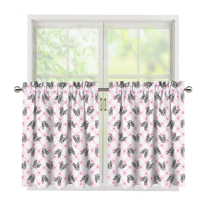 Pink Boston Terrier Plaid Print Tier Curtains