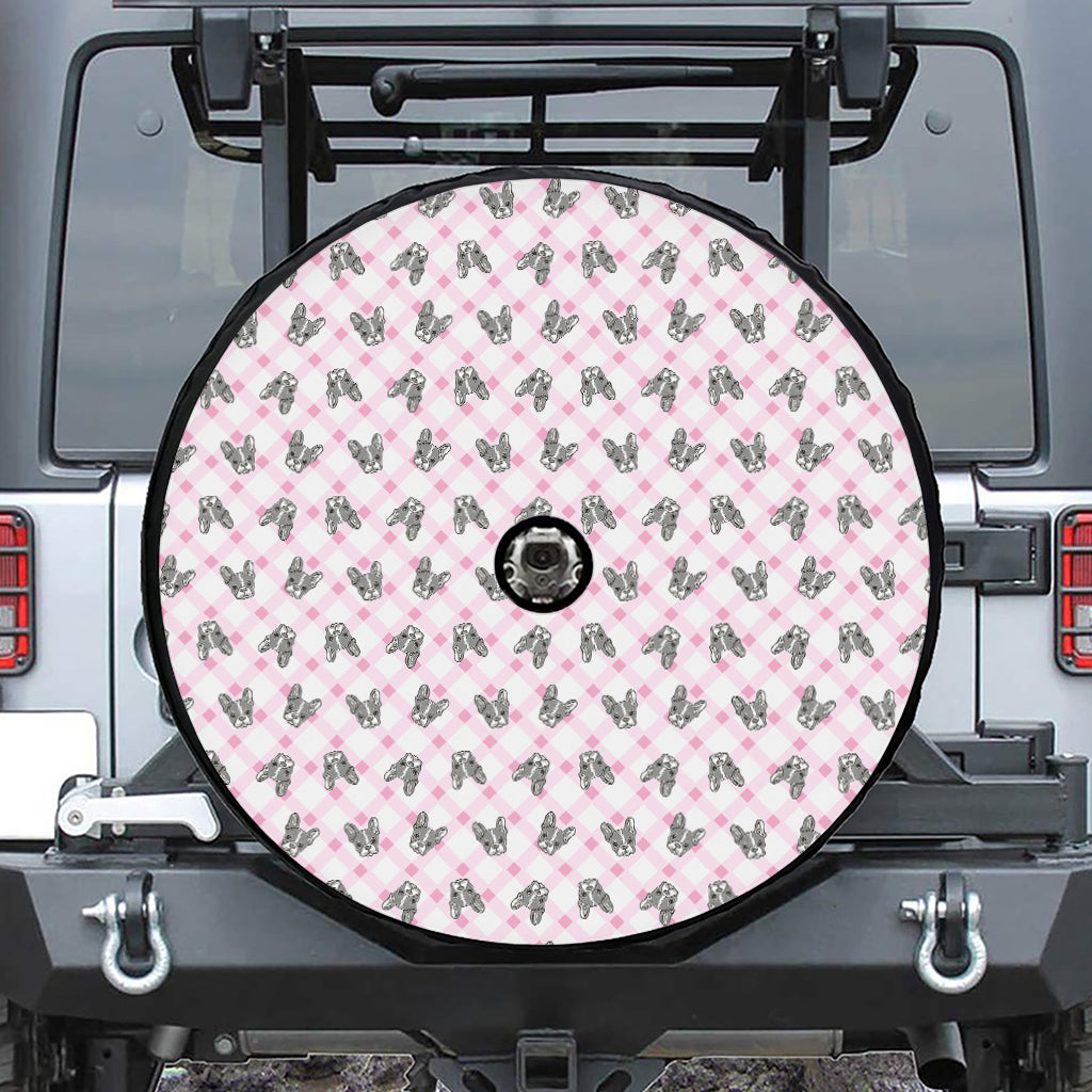 Pink Boston Terrier Plaid Print Tire Cover With Camera Hole