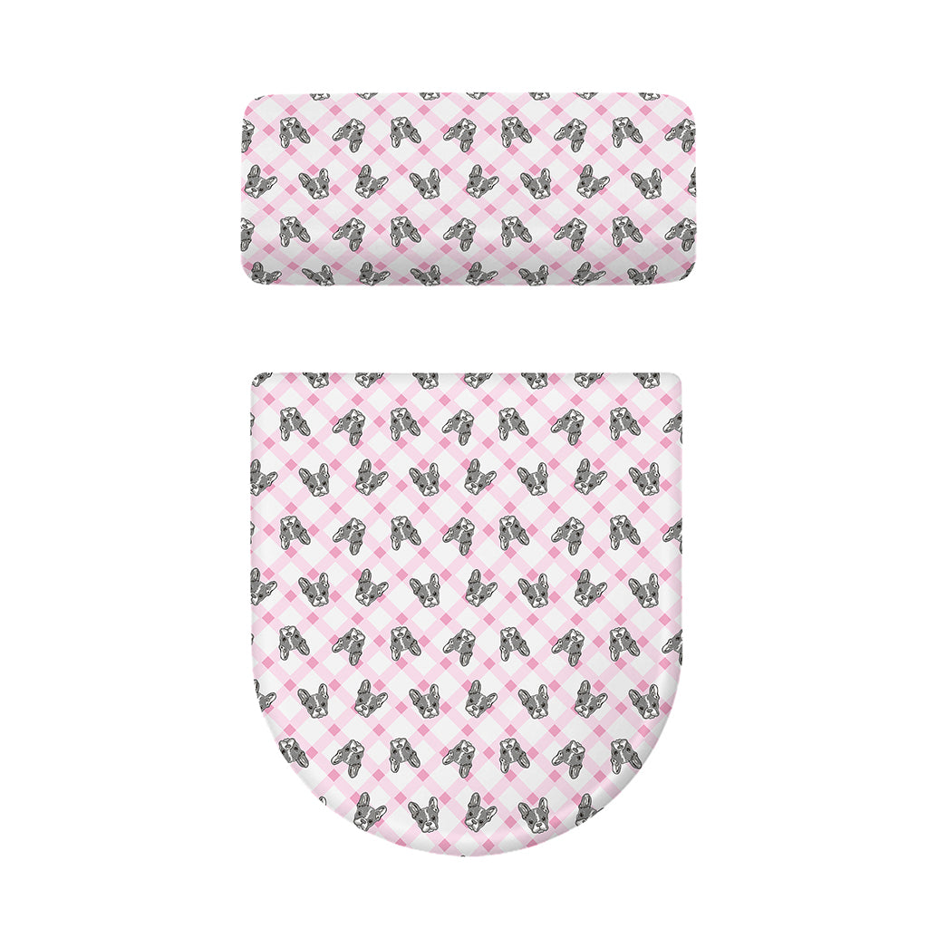 Pink Boston Terrier Plaid Print Toilet Lid And Tank Cover Set