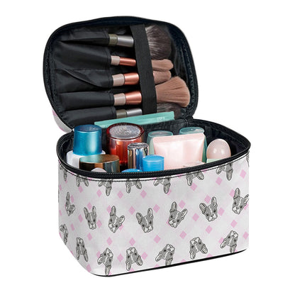Pink Boston Terrier Plaid Print Travel Makeup Bag