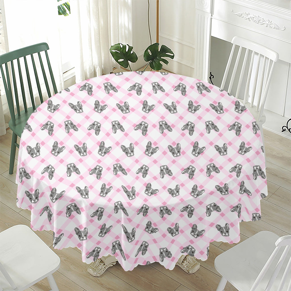 Pink Boston Terrier Plaid Print Waterproof Round Tablecloth